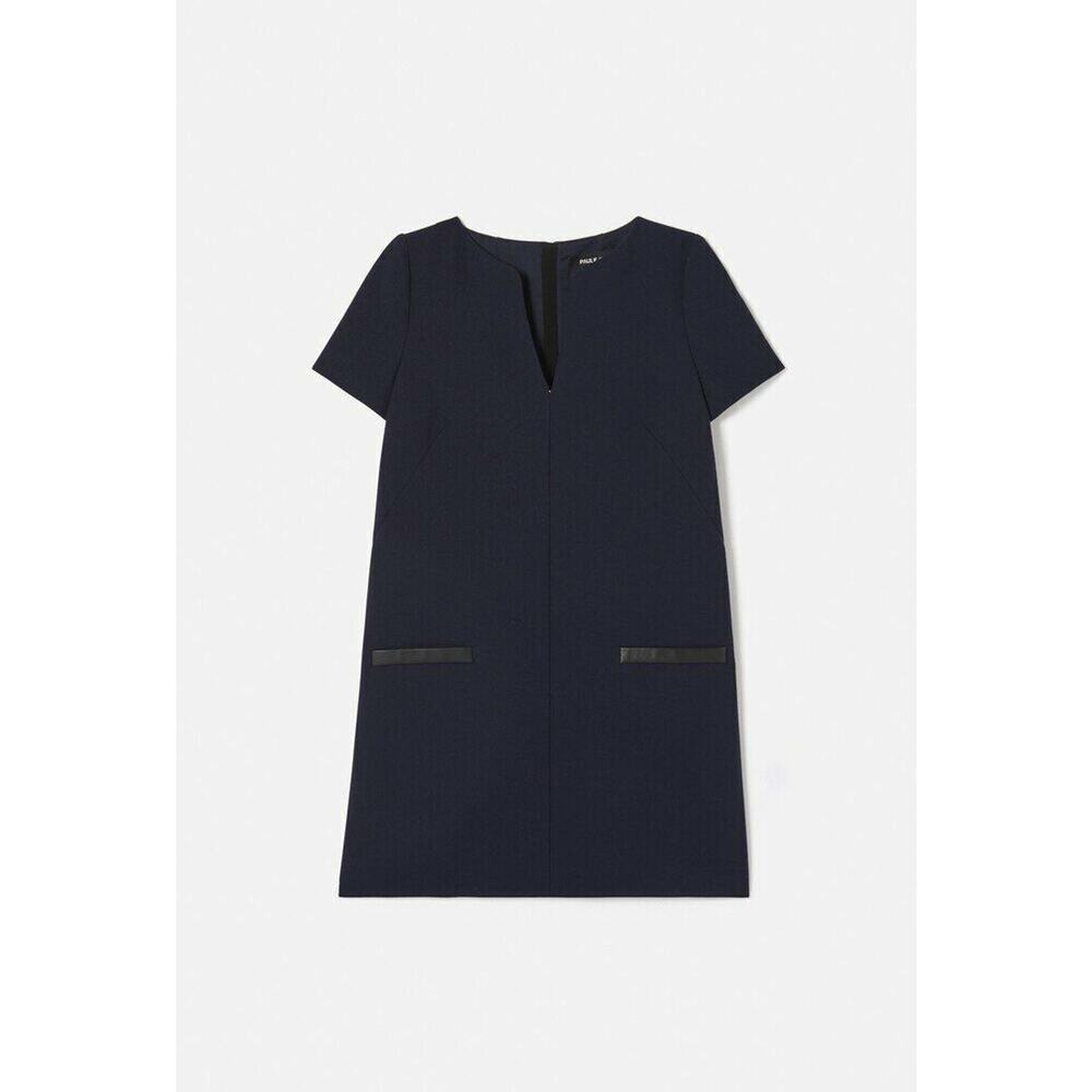 $855 Paule Ka Marine Blue Leather Trim Vneck Shift Dress 42 FR 10 US NWT - Picture 4 of 12